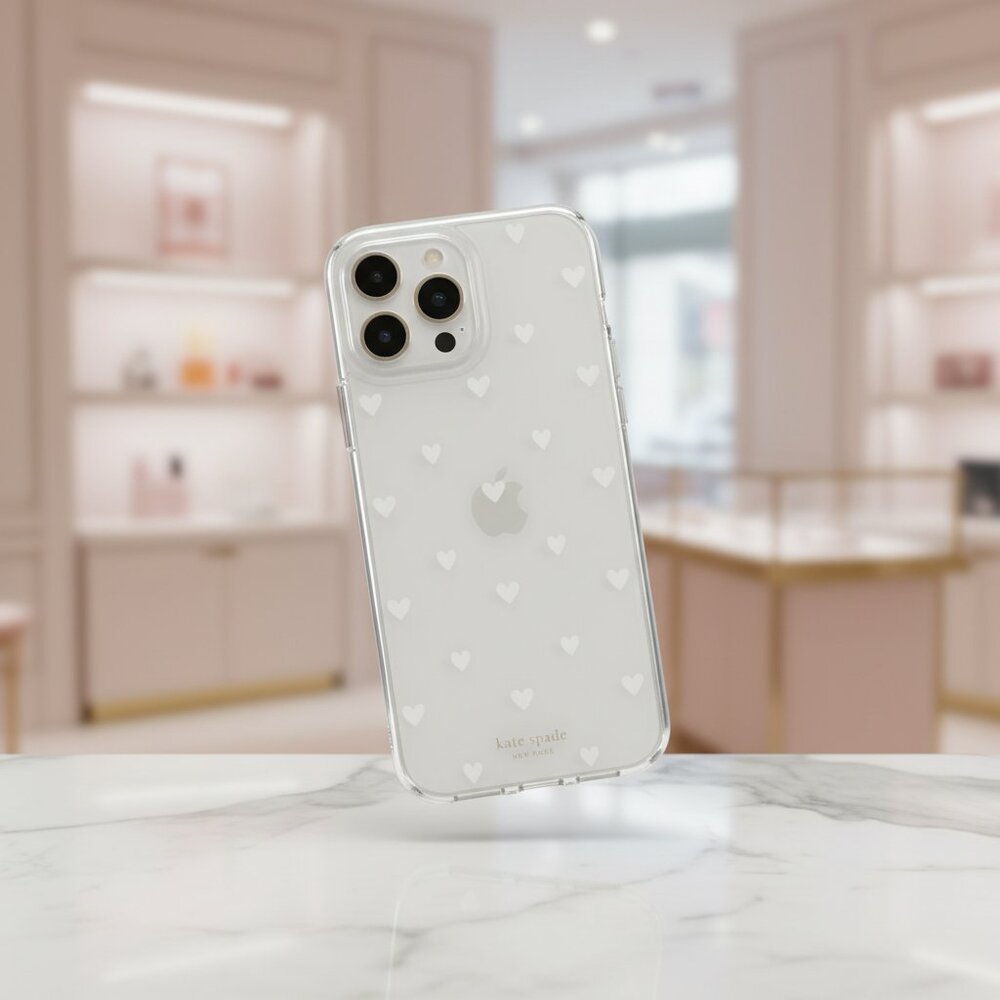 Kate Spade iPhone 15 Pro Max Protective MagSafe Case Clear With White Hearts NEW